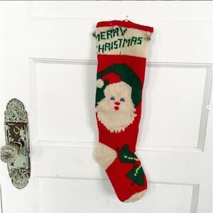VINTAGE Handmade Stocking LINDA Santa Merry Christmas Angora IMPERFECT Holes